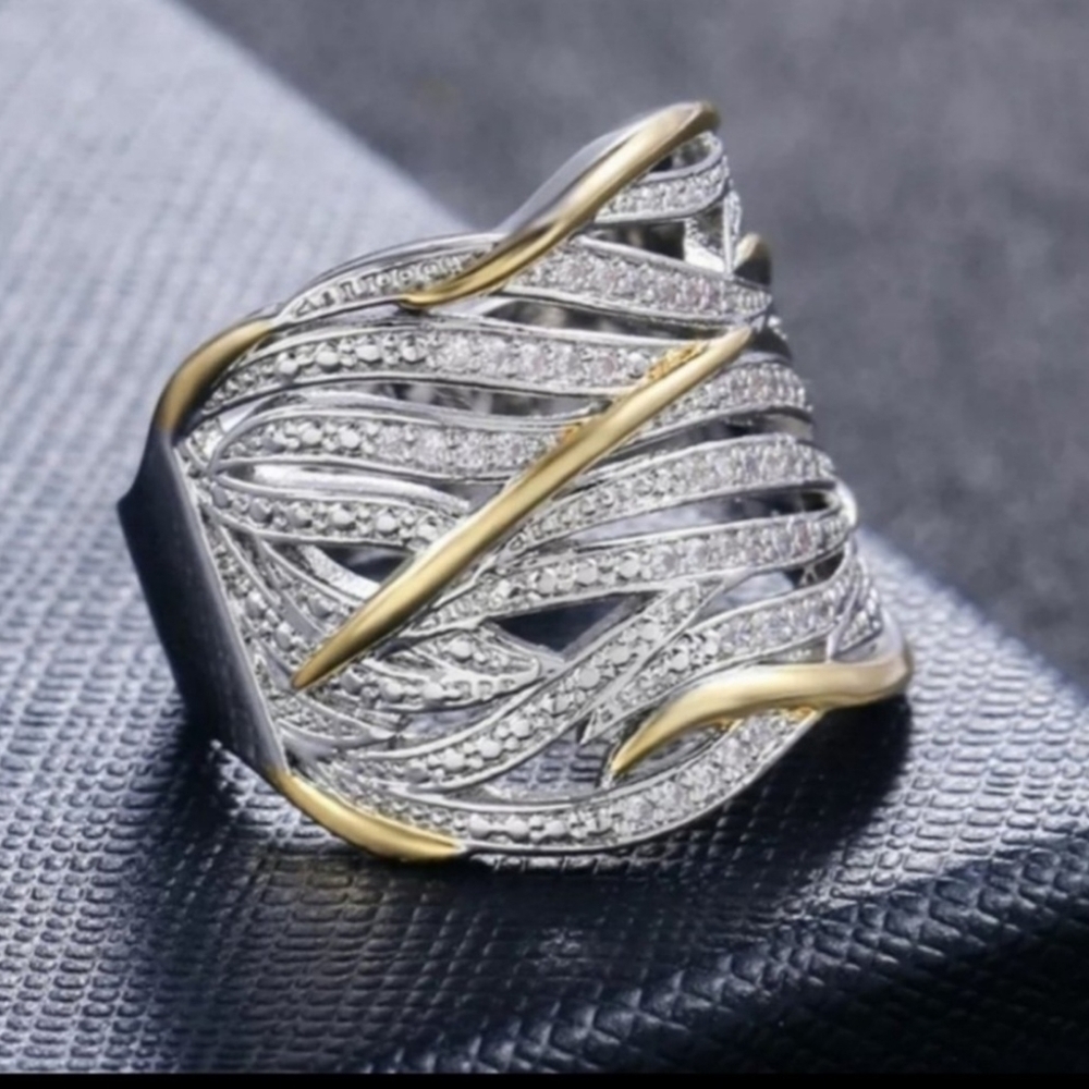 New 925 Stamped Sterling Silver / Gold Two Tone Pave Diamond 💎 Ring 💍